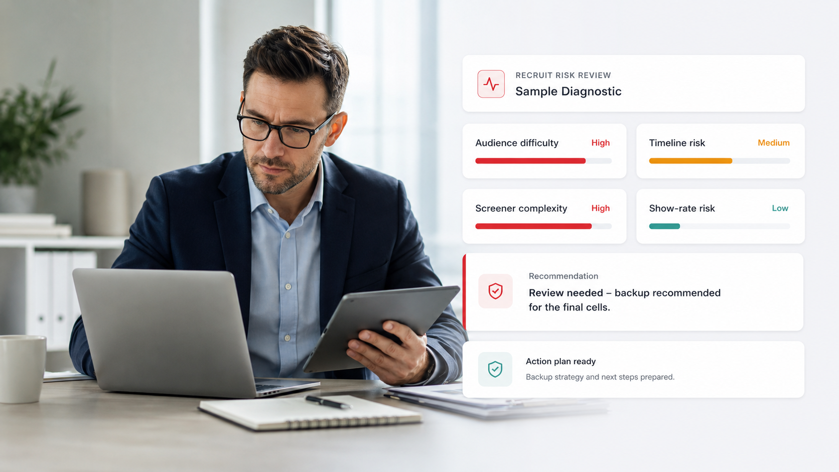Recruit Risk Review sample diagnostic showing audience difficulty, timeline risk, screener complexity, and show-rate risk with a recommendation to bring in backup for final cells.